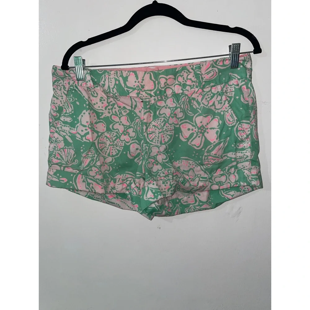 Lilly Pulitzer Barclay Chino Shorts Green Pink Floral Shell Print Womens 8